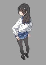 Rule 34 | 1girl, ahoge, black hair, black pantyhose, blush, clothes lift, from above, from behind, grey background, grey eyes, haijin, loafers, long hair, looking back, messy hair, original, pantyhose, pleated skirt, popoccpo, school uniform, serafuku, shoes, skirt, skirt lift, solo, standing