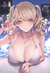 Rule 34 | 1girl, absurdres, arm up, bare arms, bare shoulders, bikini, blurry, blurry background, blush, breast rest, breasts, brown eyes, brown hair, cleavage, collarbone, depth of field, earrings, grin, gyaru, halterneck, highres, jewelry, kogal, koh (minagi kou), large breasts, long hair, looking at viewer, mole, mole on breast, mole under eye, nail polish, necklace, night, o-ring, o-ring bikini, o-ring top, original, pool, poolside, purple nails, revision, skindentation, smile, solo, strap gap, string bikini, swimsuit, teeth, twintails, v, water, water drop, wet, white bikini