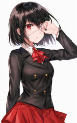 Rule 34 | 1girl, absurdres, another, arm behind back, bad id, bad twitter id, black hair, black jacket, blush, breasts, commentary request, eyepatch, hair between eyes, highres, jacket, long sleeves, looking at viewer, medium breasts, misaki mei, parted lips, pleated skirt, red eyes, red neckwear, red skirt, school uniform, shirt, short hair, simple background, skirt, solo, tokkyu, white background, white shirt