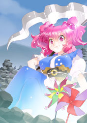 Rule 34 | 1girl, blue sky, breasts, cloud, commentary request, day, hair bobbles, hair ornament, mizuki hitoshi, onozuka komachi, pink eyes, pink hair, pinwheel, rock, scythe, short sleeves, sitting, sky, smile, solo, touhou, twintails
