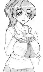 Rule 34 | 1girl, artist request, breasts, breasts squeezed together, closed mouth, girls und panzer, hair ribbon, hands on own chest, highres, koyama yuzu, large breasts, light smile, long hair, looking at viewer, monochrome, ooarai school uniform, open mouth, ponytail, ribbon, school uniform, skirt, smile, solo, standing, white background