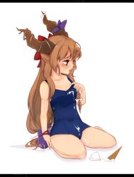 Rule 34 | 1girl, bad id, bad pixiv id, blonde hair, blush, brown hair, covered navel, fang, female focus, food, gourd, hair ribbon, horn ornament, horn ribbon, horns, ibuki suika, ice cream, ice cream cone, kyuri (suika), letterboxed, long hair, one-piece swimsuit, open mouth, red eyes, ribbon, school swimsuit, sexually suggestive, sitting, solo, spilling, strap pull, suggestive fluid, swimsuit, tongue, tongue out, touhou, wariza