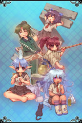 Rule 34 | 5girls, arms behind head, bag, barefoot, blue hair, bottle, cat, chopsticks, cup ramen, eating, closed eyes, food, glasses, green hair, indian style, japanese clothes, long hair, messy hair, multiple girls, object on head, open mouth, original, pointy ears, ponytail, pot, purple eyes, purple hair, red eyes, red hair, sandwich, sankuma, school uniform, short hair, sitting, track suit, twintails, water bottle