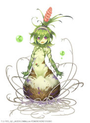 Rule 34 | 1girl, alraune, breasts, colored skin, flower, full body, green skin, hair between eyes, monster girl, navel, official art, open mouth, pink eyes, plant, plant girl, plant hair, roots, simple background, small breasts, smile, solo, symbol-shaped pupils, taranboman, vines, white background, yuba no shirushi