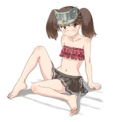 Rule 34 | 10s, 1girl, arm support, bad id, bad pixiv id, bandeau, bare arms, bare shoulders, barefoot, blush, brown eyes, brown hair, collarbone, feet, female focus, flat chest, frills, full body, highres, kantai collection, looking to the side, midriff, miniskirt, navel, pleated skirt, ryuujou (kancolle), sitting, skirt, solo, souji kurokawa, strapless, swimsuit, toes, twintails, twitter username, visor cap