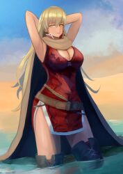 Rule 34 | 1girl, armpits, blonde hair, blue sky, breasts, brown cape, cape, cleavage, cloud, dark-skinned female, dark skin, desert, dress, fire emblem, fire emblem: the binding blade, highres, igrene (fire emblem), knees up, labebebe lee, large breasts, long hair, looking at viewer, mature female, nintendo, no mole, oasis, partially submerged, pelvic curtain, presenting armpit, red dress, sand, sky, smile, solo, tan, thighhighs, thighs, yellow eyes