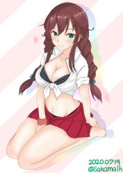 Rule 34 | 1girl, absurdres, bikini, bikini under clothes, black bikini, braid, brown hair, commentary request, dated, dress shirt, green eyes, highres, kantai collection, long hair, nitamako (sakamalh), noshiro (kancolle), one-hour drawing challenge, pleated skirt, red skirt, seiza, shirt, sitting, skirt, solo, striped, striped background, swept bangs, swimsuit, swimsuit under clothes, tied shirt, twin braids, twitter username, white shirt