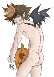 Rule 34 | 1boy, artificial vagina, ass, erection, gloves, improvised artificial vagina, kingdom hearts, looking at viewer, male focus, nude, penis, pumpkin, pumpkin fucking, sex toy, smile, solo, sora (kingdom hearts), teeth, wings