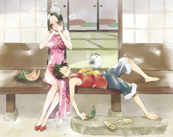 Rule 34 | 1boy, 1girl, barefoot, black hair, blush, boa hancock, china dress, chinese clothes, cocotri, couple, dress, food, fruit, hands on own face, hetero, ice pack, kayari buta, lap pillow, monkey d. luffy, mosquito coil, one piece, porch, sandals, sleeping, tatami, veranda, watermelon