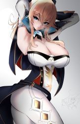 Rule 34 | 1girl, absurdres, armpits, arms behind head, arms up, belt, black capelet, blonde hair, blue capelet, blue eyes, blush, breasts, breath, buttons, candle, capelet, cleavage, closed mouth, coattails, detached collar, gauntlets, genshin impact, hat, highres, jean (genshin impact), kyle (kysizzle), large breasts, lisa (genshin impact), long hair, long sleeves, looking at viewer, multicolored capelet, pants, pantyhose, ponytail, scorecard, sidelocks, smile, solo, tight clothes, tight pants, weapon, white pants, witch hat