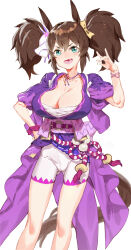 Rule 34 | 1girl, absurdres, animal ears, bike shorts, blue eyes, breasts, brown hair, chest sarashi, cleavage, codename47, cowboy shot, fang, fox mask, fox shadow puppet, highres, horse ears, horse girl, horse tail, inari one (umamusume), japanese clothes, kimono, large breasts, looking at viewer, mask, open mouth, purple kimono, rope, sarashi, shimenawa, shorts, simple background, smile, solo, tail, twintails, umamusume, white background, white shorts