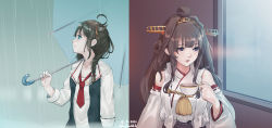 Rule 34 | 2girls, ahoge, aqua eyes, black hair, breasts, brown hair, cup, dated, detached sleeves, double bun, fuwafuwatoufu, hair bun, hair flaps, headgear, highres, kantai collection, kongou (kancolle), large breasts, multiple girls, nontraditional miko, parted lips, purple eyes, rain, shigure (kancolle), sidelocks, sleeves rolled up, small breasts, smile, steam, tea, teacup, twitter username, umbrella
