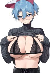 Rule 34 | 1girl, animal ears, aochoku, black bra, black sweater, blue eyes, blue hair, bra, breasts, cat ears, cleavage, clothes lift, commentary, fake animal ears, glasses, hairband, highres, large breasts, lifting own clothes, original, parted bangs, raised eyebrows, round eyewear, short hair, simple background, sleeves past wrists, solo, sweater, sweater lift, symbol-only commentary, turtleneck, turtleneck sweater, underwear, upper body, white background