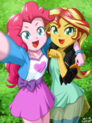 Rule 34 | 2girls, aqua eyes, arm around shoulder, blonde hair, blue eyes, colored skin, green eyes, highres, long hair, multicolored hair, multiple girls, my little pony, my little pony: equestria girls, my little pony: friendship is magic, personification, pink hair, pink skin, pinkie pie, red hair, selfie, sunset shimmer, tagme, two-tone hair, uotapo, yellow skin