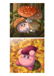Rule 34 | absurdres, blue eyes, blush stickers, fly agaric, food, forest, highres, holding, kirby, kirby (series), leaf, looking at viewer, miclot, mushroom, nature, nintendo, no humans, open mouth, pink footwear, shoes, simple background, smile, sweet potato, white background