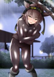 Rule 34 | 1girl, ahoge, anchor symbol, black bodysuit, blush, bodysuit, boots, breasts, brown hair, clothes writing, commentary request, covering privates, covering breasts, crossed arms, embarrassed, fang, flower, green eyes, hachimaki, hair between eyes, hair flaps, hair ribbon, hairband, hatsuzuki (kancolle), headband, kantai collection, large breasts, looking at viewer, nose blush, open mouth, outdoors, pussy juice, rain, ribbon, short hair, solo, standing, tearing up, tree, underwear, underwear only, water, water drop, wavy mouth, wet, yamasaki wataru