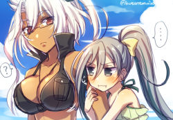Rule 34 | 2girls, ?, ahoge, alternate costume, bare shoulders, blush, breasts, cleavage, clinging, dark skin, dark-skinned female, glasses, grey eyes, grey hair, hair between eyes, kantai collection, kiyoshimo (kancolle), large breasts, long hair, looking at another, low twintails, mika (1020mk), multiple girls, musashi (kancolle), pointy hair, red eyes, spoken question mark, swimsuit, twintails, two side up, upper body, very long hair