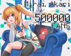 Rule 34 | 1girl, armchair, black socks, blonde hair, blue bow, blue eyes, blush, bow, breasts, chair, character name, cleavage, elbow gloves, garter straps, gloves, hair bow, iwahana, kneehighs, large breasts, long hair, looking at viewer, mirai akari, mirai akari project, open mouth, pillow, side ponytail, sitting, skirt, smile, socks, solo, thighhighs, virtual youtuber, white gloves