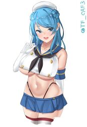 Rule 34 | 1girl, :d, beret, black neckerchief, black panties, blue hair, blue sailor collar, blue skirt, breasts, collarbone, cosplay, crop top, cropped legs, double bun, elbow gloves, gloves, hair bun, hand up, hat, highleg, highleg panties, kantai collection, large breasts, long hair, microskirt, midriff, navel, neckerchief, one-hour drawing challenge, open mouth, panties, sailor collar, shimakaze (kancolle), shimakaze (kancolle) (cosplay), skirt, smile, solo, striped clothes, striped thighhighs, tf cafe, thighhighs, twitter username, underboob, underwear, urakaze (kancolle), white background, white gloves, white hat