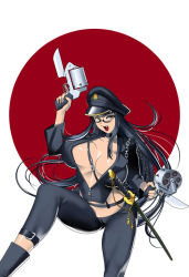 Rule 34 | 1girl, bad id, bad pixiv id, black hair, boots, breasts, center opening, chain, cleavage, dual wielding, fang, glasses, gun, hat, holding, jacket, long hair, original, oxide (artist), smile, solo, sword, weapon, yellow eyes