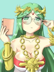 Rule 34 | 1girl, ancient greek clothes, armlet, bespectacled, blush, book, breasts, chiton, choker, cleavage, drawing, dress, fingernails, frilled legwear, frills, glasses, green eyes, green hair, holding, holding book, holding removed eyewear, jewelry, kid icarus, kid icarus uprising, large breasts, long hair, namaixy, necklace, nintendo, palutena, parted bangs, pendant, round eyewear, smile, solo, strapless, strapless dress, swept bangs, tiara, unworn eyewear, upper body, vambraces, very long hair