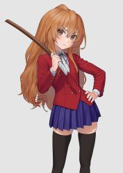 Rule 34 | 1girl, aisaka taiga, black thighhighs, blazer, blue skirt, blush, bokken, brown eyes, brown hair, buttons, carlo montie, closed mouth, collared shirt, commentary, double-breasted, english commentary, female focus, frown, hair between eyes, hand on own hip, hand up, highres, jacket, long hair, long sleeves, looking at viewer, neck ribbon, oohashi high school uniform, red jacket, red ribbon, ribbon, school uniform, shirt, signature, simple background, skirt, solo, standing, sword, thighhighs, toradora!, v-shaped eyebrows, weapon, white background, white shirt, wooden sword, zettai ryouiki