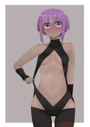 Rule 34 | 1girl, bare shoulders, black leotard, blush, breasts, closed mouth, collarbone, covered collarbone, cowboy shot, dark-skinned female, dark skin, eyes visible through hair, fate/prototype, fate/prototype: fragments of blue and silver, fate (series), female focus, grey background, groin, hair between eyes, halterneck, hassan of serenity (fate), highres, i.u.y, leotard, leotard pull, navel, nose blush, pulling own clothes, purple eyes, purple hair, small breasts, solo, sweat, two-tone background, white background