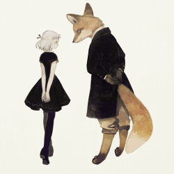 Rule 34 | 1girl, animal, arms behind back, bare arms, black coat, black dress, black footwear, black pantyhose, black sleeves, boots, brown pants, buttons, closed mouth, clothed animal, coat, collar, collared coat, collared dress, collared shirt, dress, expressionless, fox, from behind, full body, grey eyes, grey ribbon, hair ribbon, high collar, layered sleeves, looking at another, original, own hands together, pants, pantyhose, pleated skirt, puffy pants, ribbon, shirt, short dress, short hair, short sleeves, simple background, skirt, standing, tono (rt0no), white background, white collar, white hair, white shirt