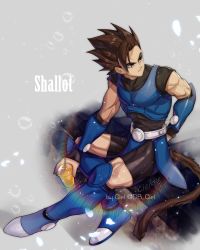 Rule 34 | 1boy, armor, artist name, belt, boots, brown hair, character name, dragon ball, drink, grey background, highres, male focus, monkey tail, pointy hair, shallot (dragon ball), sitting, solo, tail, tarutobi