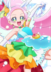 Rule 34 | animal ears, bare shoulders, berry, blush, choker, cure parfait, dress, earrings, elbow gloves, food, food-themed hair ornament, fruit, gloves, hair ornament, headband, highres, horse ears, jewelry, kirakira precure a la mode, kiwi (fruit), leaf, lemon, long hair, looking at viewer, multicolored eyes, open mouth, orange (fruit), outstretched arms, parfait, pearl choker, pearl earrings, pink hair, ponytail, precure, strapless, strapless dress, tail, tiler (tiler00), white gloves, white tail, white wings, wings