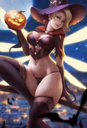 Rule 34 | 1girl, absurdres, adapted costume, arm at side, artist name, bat (animal), blonde hair, blue eyes, breasts, broom, broom riding, brown gloves, brown panties, brown thighhighs, cape, chunhwei lee, cleavage, cowboy shot, curvy, earrings, elbow gloves, gloves, glowing, glowing wings, halloween, halloween costume, hat, highres, holding, jack-o&#039;-lantern, jewelry, looking at viewer, mechanical wings, medium breasts, mercy (overwatch), moon, navel, no pants, official alternate costume, outdoors, overwatch, overwatch 1, panties, parted lips, pumpkin, realistic, short hair, short sleeves, signature, sitting, smile, solo, staff, stomach, teeth, thick thighs, thighhighs, thighs, underwear, upper teeth only, wings, witch, witch hat, witch mercy, yellow wings