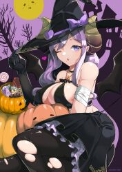 Rule 34 | 1girl, :o, absurdres, alternate costume, bare tree, black choker, black gloves, black hat, black pantyhose, black skirt, black wings, breasts, brown horns, candy, choker, commentary request, demon girl, demon horns, elbow gloves, expressionless, fake wings, feet out of frame, food, gloves, halloween, halloween bucket, hat, hat ornament, heart, heart hat ornament, highres, horns, large breasts, long hair, looking at viewer, lying, medium bangs, mole, mole under eye, nanashi inc., on side, one eye closed, open mouth, pantyhose, pointy ears, purple eyes, purple hair, saionji mary, shiranui enki, sidelocks, skirt, solo, torn clothes, torn pantyhose, tree, virtual youtuber, wings, witch hat