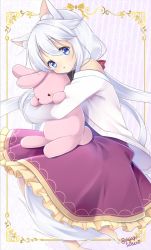 Rule 34 | 1girl, :d, animal ear fluff, animal ears, barefoot, blue eyes, border, hugging doll, foot out of frame, frilled skirt, frills, highres, joujou, long hair, long sleeves, looking at viewer, hugging object, off shoulder, open mouth, original, purple skirt, simple background, skirt, smile, solo, stuffed animal, stuffed rabbit, stuffed toy, tail, twitter username, white hair