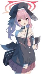 Rule 34 | 1girl, absurdres, bag, beret, black hat, black wings, blue archive, feathered wings, grey wings, halo, haruteru, hat, head wings, highres, koharu (blue archive), low twintails, low wings, manga (object), medium hair, pink eyes, pink hair, pink neckwear, sailor collar, solo, twintails, white background, white sailor collar, winged hat, wings