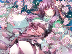 Rule 34 | 1girl, cherry blossoms, female focus, flower, hair flower, hair ornament, japanese clothes, kimono, long hair, nature, outdoors, plant, purple eyes, purple hair, solo, suou sakura, vocaloid, vy1, water