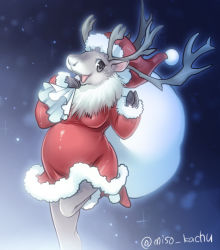 Rule 34 | 1girl, artist request, breasts, brown eyes, carrying, deer, dress, female focus, furry, furry female, gradient background, hat, open mouth, outdoors, package, santa costume, sky, solo