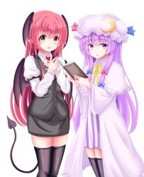 Rule 34 | 2girls, :d, absurdres, black legwear, book, bow, crescent, demon tail, dress, hat, head wings, highres, holding, holding book, koakuma, long hair, long sleeves, looking at viewer, mob cap, multiple girls, necktie, open mouth, patchouli knowledge, purple eyes, purple hair, red eyes, red hair, reimei (r758120518), shirt, skirt, smile, striped, tail, thighhighs, touhou, transparent background, very long hair, vest, white background, white shirt, wings, zettai ryouiki