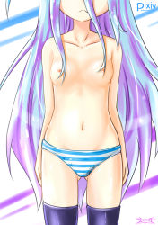 Rule 34 | 10s, 1girl, black thighhighs, blue hair, breasts, guangmang poxiao, head out of frame, highres, long hair, nipples, no game no life, panties, purple hair, shiro (no game no life), small breasts, solo, striped clothes, striped panties, thighhighs, underwear, underwear only, very long hair