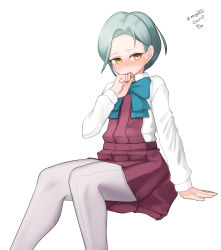 Rule 34 | 1girl, absurdres, aqua bow, aqua bowtie, bow, bowtie, dress, feet out of frame, forehead, grey hair, grey pantyhose, halterneck, highres, invisible chair, kantai collection, looking at viewer, maru (marg0613), mole, mole on neck, pantyhose, pleated dress, school uniform, shirt, short hair, sitting, solo, swept bangs, tamanami (kancolle), white shirt, yellow eyes