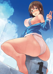 Rule 34 | 1girl, amamiya natsumi, ass, blue eyes, breasts, brown hair, competition swimsuit, covered erect nipples, day, dutch angle, from behind, hand up, highres, jacket, kekemotsu, large breasts, looking back, nervous smile, non-web source, one-piece swimsuit, open mouth, original, outdoors, see-through, sideboob, sitting, smile, soles, solo, starting block, swimsuit, tareme, teeth, thighs, track jacket, v, wedgie, wet, white one-piece swimsuit