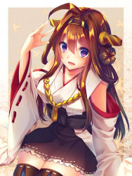 Rule 34 | 10s, 1girl, ahoge, bad id, bad pixiv id, bare shoulders, brown hair, detached sleeves, double bun, hairband, headgear, highres, japanese clothes, kantai collection, kongou (kancolle), long hair, nontraditional miko, open mouth, purple eyes, saijou yukina, simple background, skirt, solo, thighhighs
