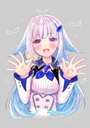 Rule 34 | 1girl, :d, animal, animal on shoulder, bird, blue hair, blush, cropped torso, duck, grey background, hair ornament, hands up, ittokyu, jacket, lize helesta, long hair, long sleeves, looking at viewer, multicolored hair, nijisanji, open mouth, purple eyes, sebastian piyodore, shirt, silver hair, simple background, smile, two-tone hair, upper body, very long hair, virtual youtuber, white jacket, white shirt