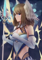 Rule 34 | 1girl, bare shoulders, blue eyes, breast tattoo, breasts, cleavage, commentary, doiparuni, elbow gloves, eunie (xenoblade), gloves, head wings, highres, holding, holding staff, light brown hair, looking at viewer, medium breasts, medium hair, official alternate costume, solo, staff, tattoo, wings, xenoblade chronicles (series), xenoblade chronicles 3
