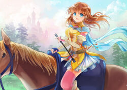 Rule 34 | 1girl, akuru (akr369akr), belt, blue eyes, breasts, brown belt, brown hair, brown horse, castle, cleavage, commission, fingerless gloves, fire emblem, gauntlets, gloves, hair tubes, horseback riding, large breasts, light particles, long hair, looking at viewer, mist (fire emblem), nintendo, open mouth, outdoors, pink gloves, pink thighhighs, riding, riding crop, saddle, see-through, see-through cleavage, skeb commission, thighhighs