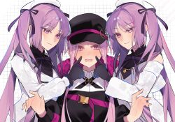 Rule 34 | 3girls, black gloves, blush, bow, checkered background, cheek poking, euryale (fate), fate/grand order, fate (series), gloves, grid background, hat, highres, long hair, medusa (fate), medusa (saber) (fate), multiple girls, poking, purple bow, purple eyes, purple hair, siblings, sisters, smile, stheno (fate), sweat, twintails, uxco0