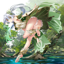 Rule 34 | 1girl, aged up, barefoot, cross-shaped pupils, feet, genshin impact, green eyes, long hair, looking at viewer, nahida (genshin impact), parted lips, pointy ears, side ponytail, silver hair, soles, stirrup legwear, sydus, symbol-shaped pupils, toeless legwear, toes, tree, water