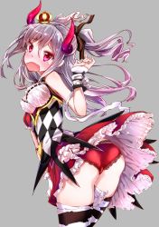 Rule 34 | 10s, 1girl, ass, blush, crown, drill hair, grey hair, hato haru, highres, horns, idolmaster, idolmaster cinderella girls, kanzaki ranko, looking back, open mouth, panties, red eyes, ribbon, solo, striped clothes, striped thighhighs, tears, thighhighs, twin drills, twintails, underwear, wrist cuffs