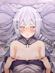 Rule 34 | 1girl, absurdres, bare shoulders, bed sheet, blush, braid, breasts, bright pupils, clothes pull, colored eyelashes, detached collar, dress, dress pull, from above, fur-trimmed dress, fur trim, grey hair, hair ornament, highres, long sleeves, lying, melinda (re:zero), messy hair, nipples, off-shoulder dress, off shoulder, on back, open mouth, pillow, pulled by self, re:zero kara hajimeru isekai seikatsu, small breasts, twin braids, upper body, white dress, white eyes, white pupils, x hair ornament, zerobarto