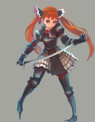 Rule 34 | 1girl, armor, blush, couter, cutlass, grey background, long hair, orange hair, original, simple background, solo, sword, twintails, weapon, weno
