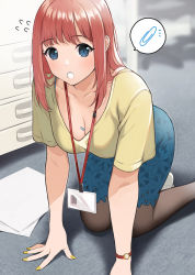Rule 34 | 1girl, all fours, between breasts, blouse, blue eyes, breasts, cleavage, collarbone, doushimasho, highres, id card, lanyard, large breasts, long hair, nail polish, office lady, open mouth, original, pantyhose, paperclip, pencil skirt, red hair, shirt, skirt, solo, watch, wristwatch, yellow shirt